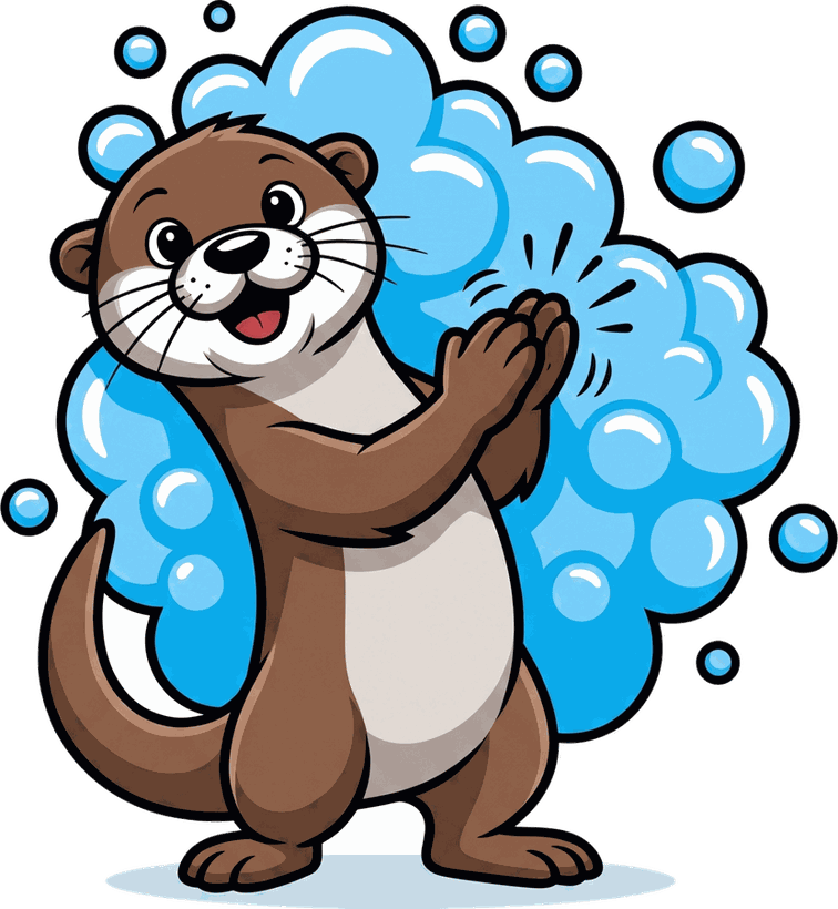 Otter Car Wash mascot clapping with soap bubbles